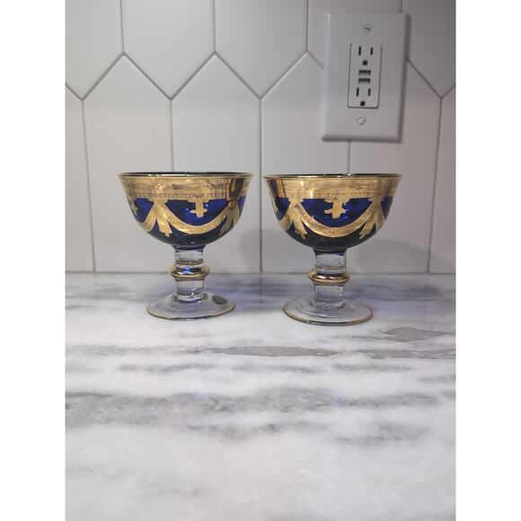 Italian‎ Interglass Cobalt Blue Glass Compote, Serving Coupes, Gold, Set of 2 - Picture 1 of 9